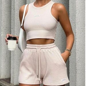 Women's White Fox Boutique Beige Waffle Knit Tank Top and Shorts Set